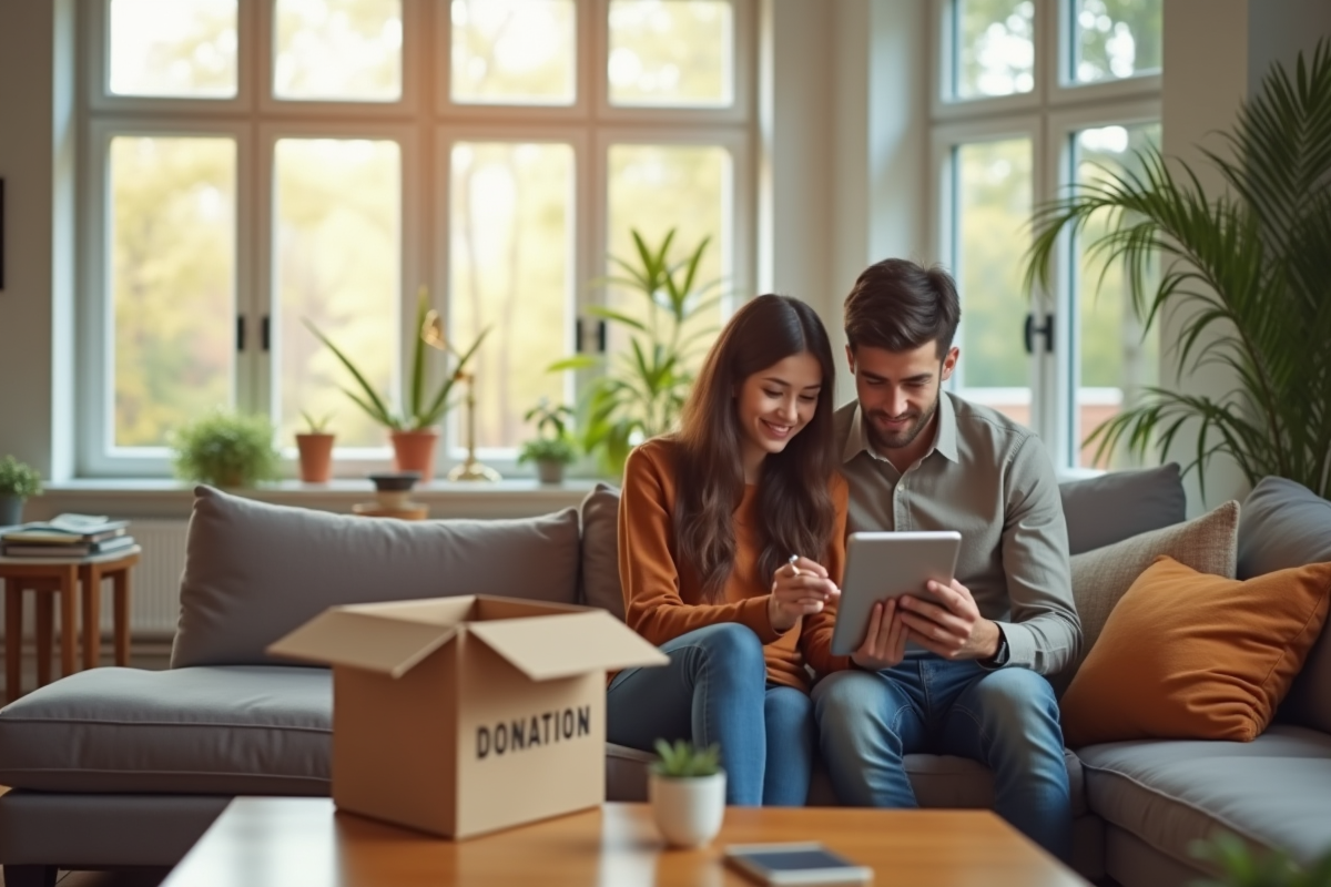 Jeune couple vérifiant une tablette dans un salon cosy avec meubles et boîte de dons