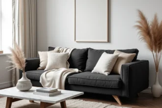 Salon cosy en noir et blanc avec canapé en lin anthracite, coussins ivoire et parquet en chêne foncé