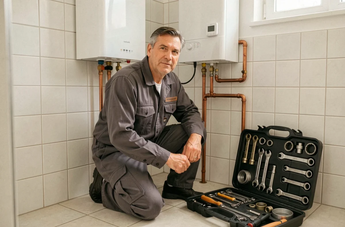 Technicien multi-services réalisant l'entretien d'une chaudière et installation de plomberie dans une maison en Lorraine