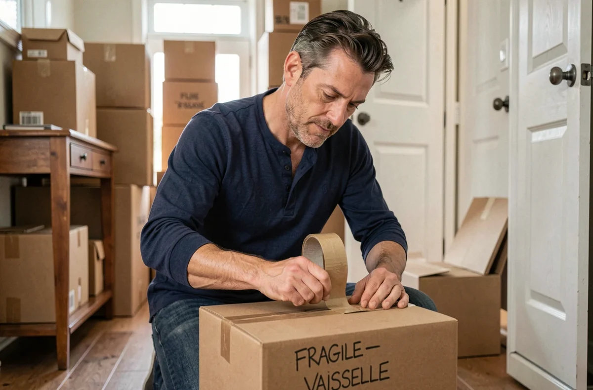 Homme scellant un carton fragile contenant de la vaisselle avec du scotch dans un couloir avant déménagement