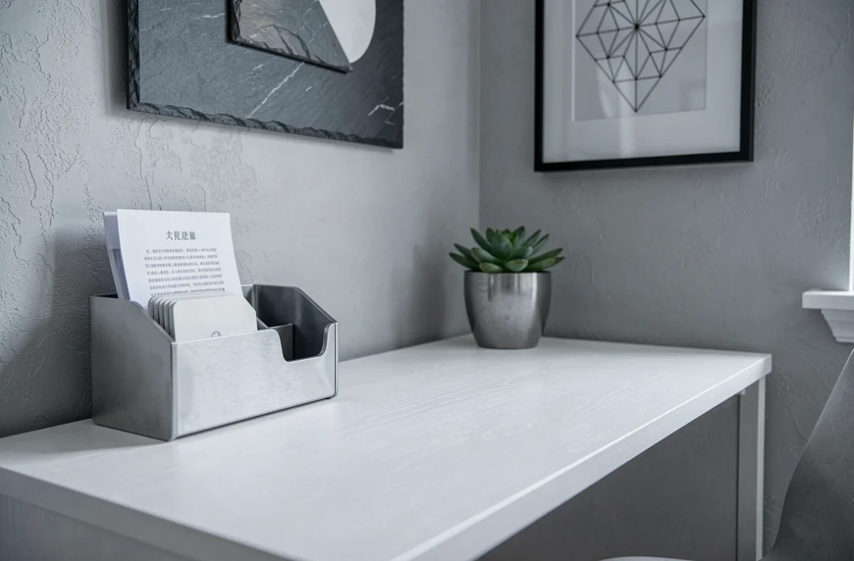 Bureau à domicile aménagé selon le secteur Feng Shui Nord-Ouest avec tons gris et argentés, organisateur métallique et art géométrique mural