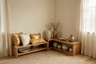 Coin salon décoré selon le secteur Feng Shui Ouest avec tons dorés et blancs, vases en céramique et objets arrondis sur une étagère en bois
