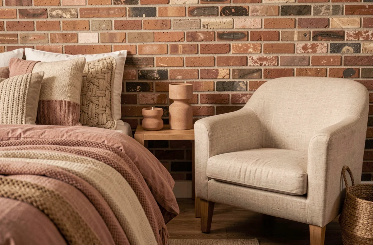 Coin lecture cosy dans une chambre décoré selon le secteur Feng Shui Sud-Ouest avec tons terre cuite, beige et rose poudré sur fauteuil en lin et mur en brique
