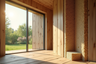 Coupe d'un mur de maison bioclimatique avec isolants écologiques