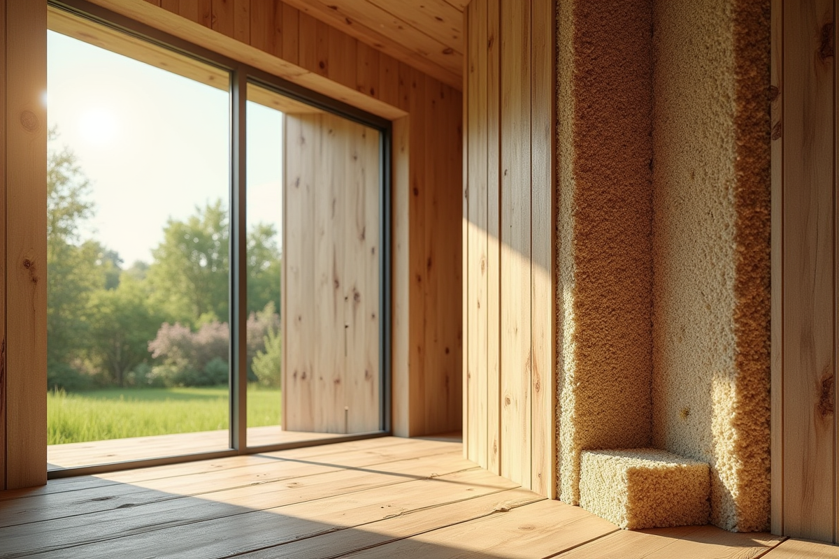 Coupe d'un mur de maison bioclimatique avec isolants écologiques