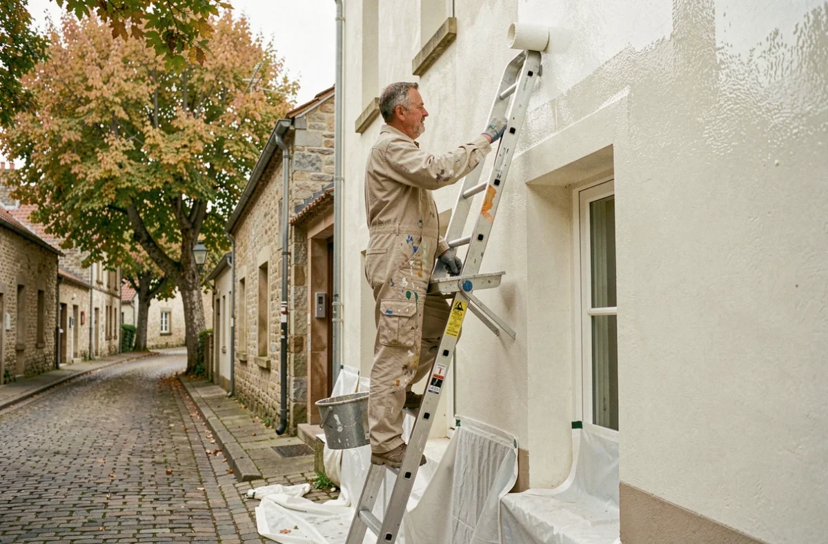 Peintre de Sega Peinture appliquant une couche de peinture extérieure sur une façade enduite dans un village de l'Orne