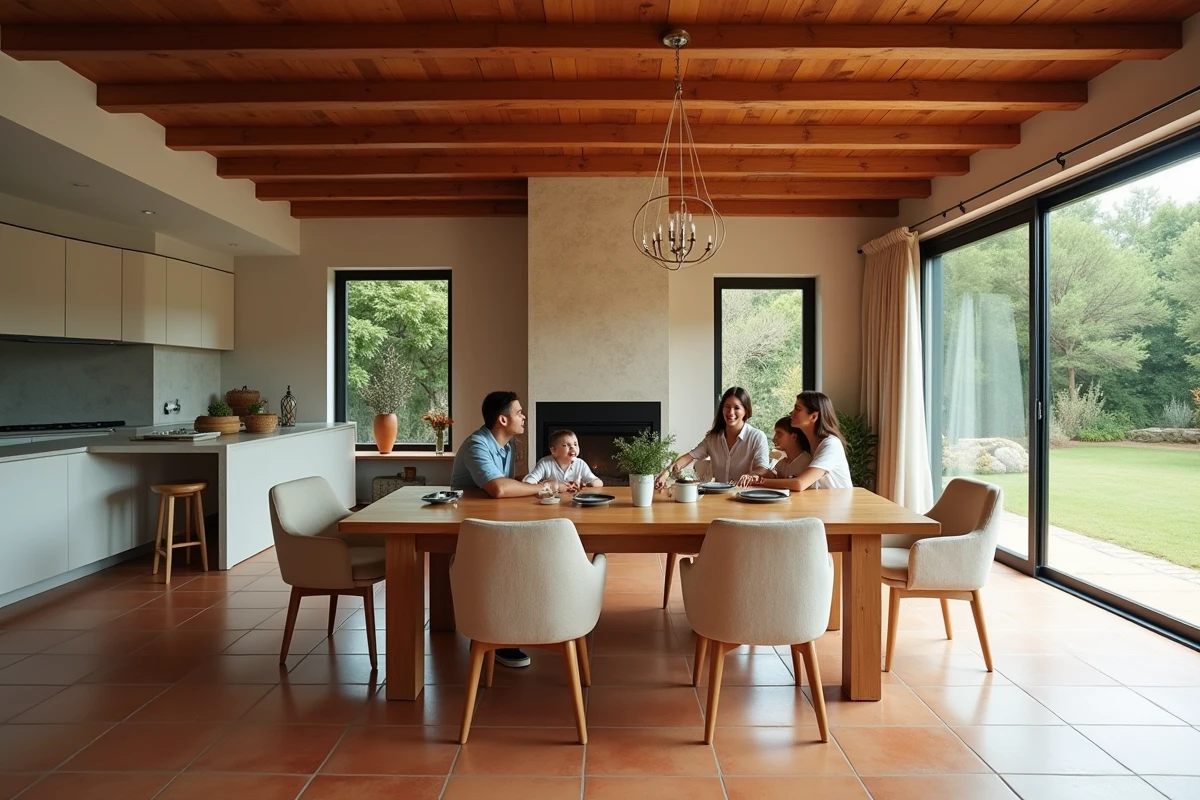 Séjour lumineux et fonctionnel d'une maison en L avec salle à manger familiale ouverte