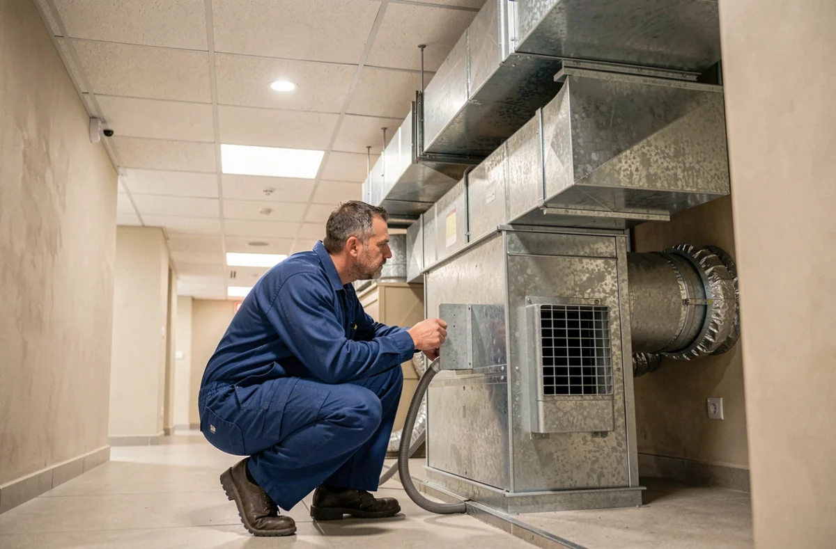 Ingénieur en ventilation et traitement d'air inspectant un réseau de gaines dans un bâtiment commercial