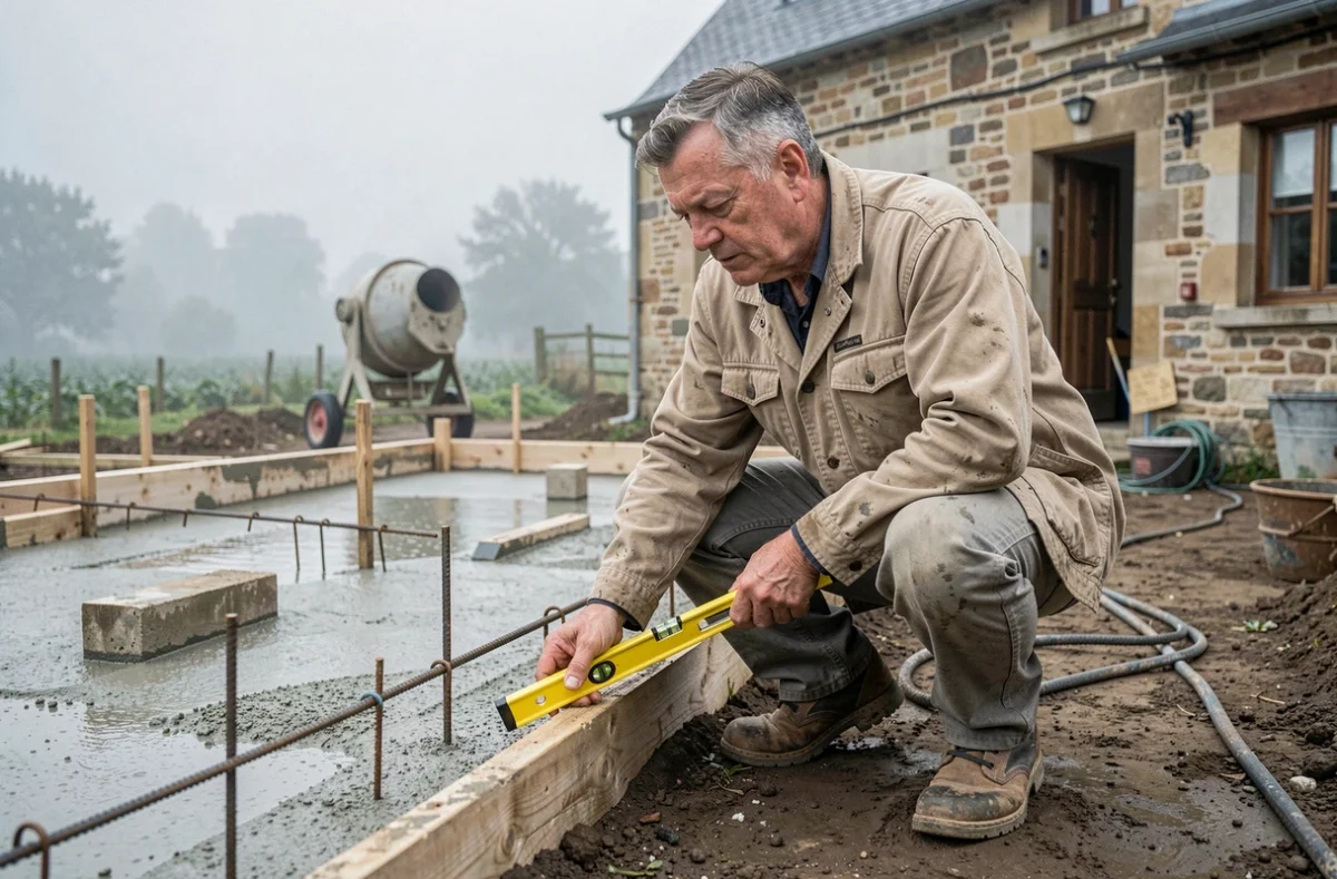 Chef de chantier de la Société Guerree inspectant des fondations en béton d'une extension de ferme dans l'Orne