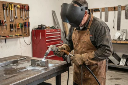 Soudeur amateur utilisant un poste à fil fourré sans gaz dans un garage domestique, tenant un pistolet MIG sur une pièce en acier posée sur un établi en métal