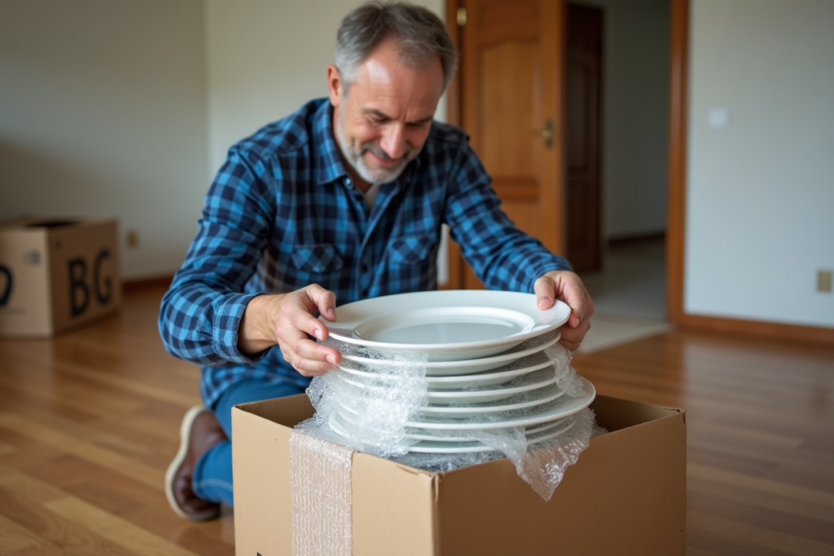 Homme empilant des assiettes protégées dans une boîte