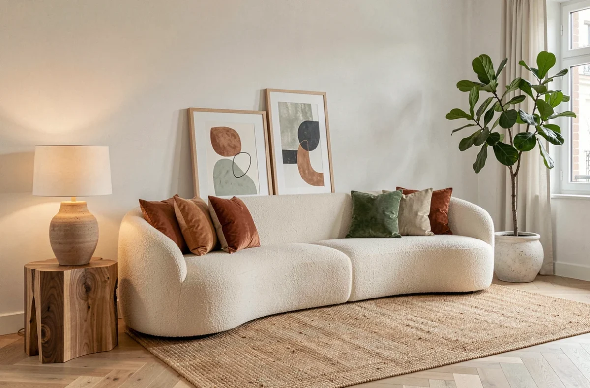 Salon moderne décoré par Synaps'Home à Toulouse avec canapé bouclé, mobilier en bois et œuvres d'art encadrées