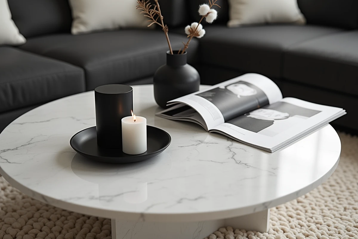 Table basse en travertin blanc avec plateau noir, bougie et vase dans un salon noir et blanc cosy