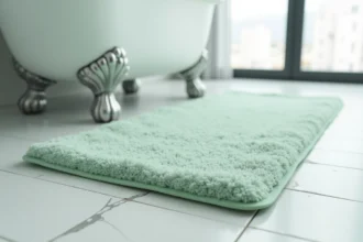 Tapis antidérapant en fibres épaisses vert sauge posé devant une baignoire blanche dans une salle de bains moderne aux carrelages clairs
