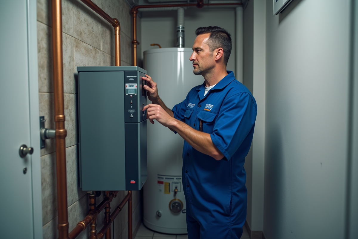 Technicien en uniforme inspectant une chaudière moderne