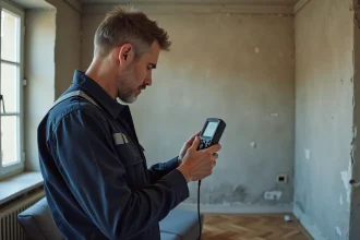 Technicien vérifiant un humidimètre sur un mur humide dans un salon français