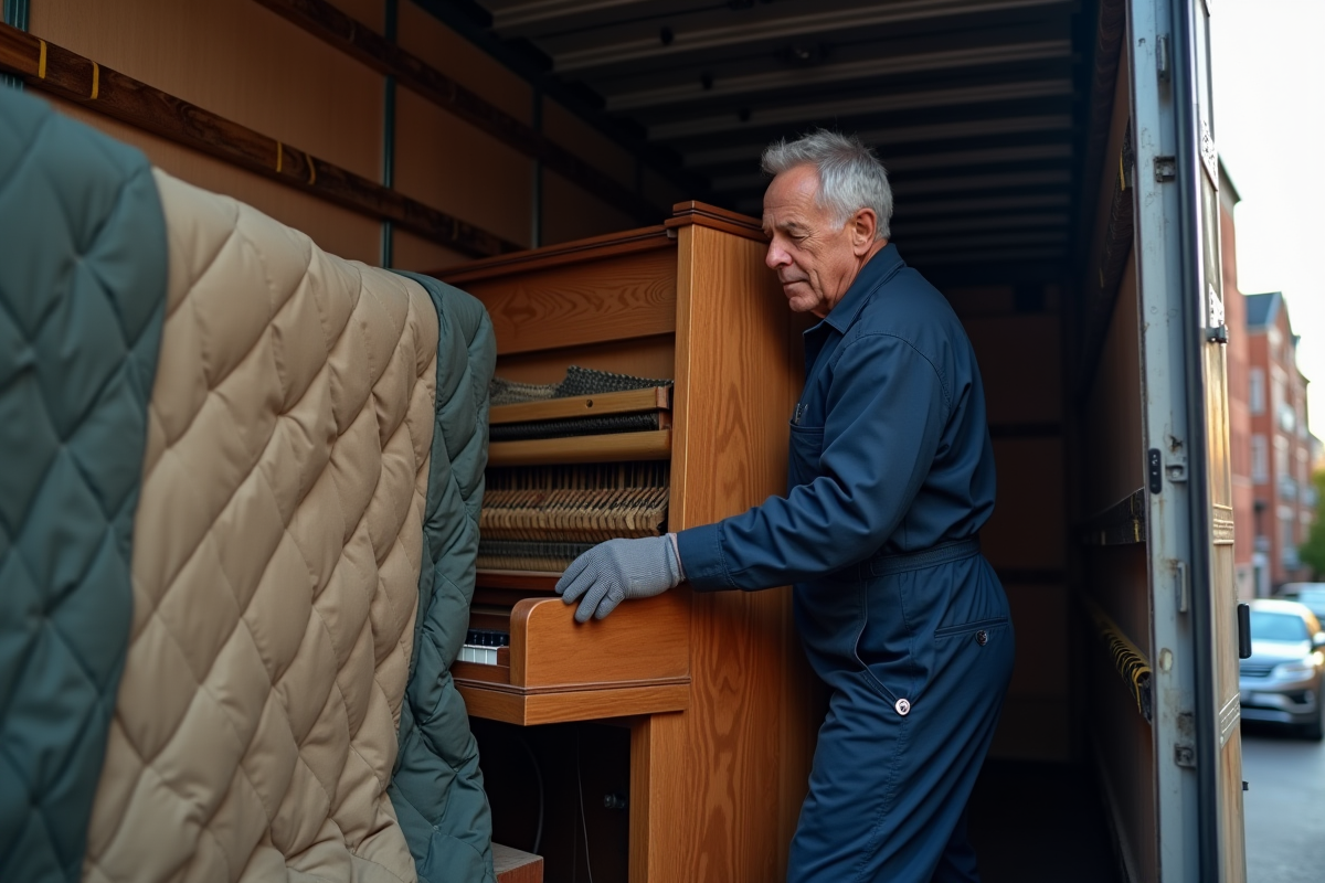Technicien de piano fixant un piano dans un camion de déménagement