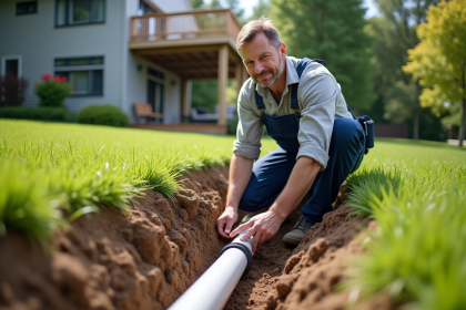 Technicien piscine en travail dans un jardin résidentiel