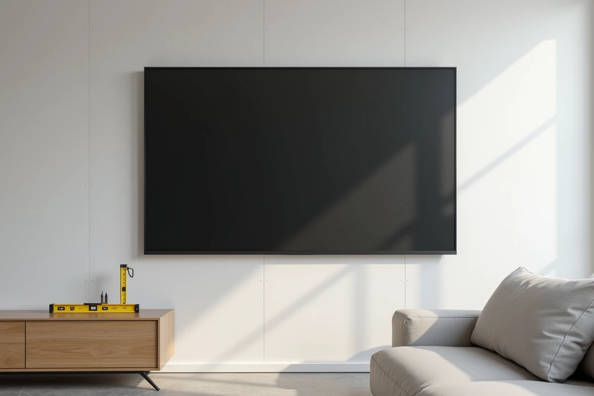 Téléviseur grand format fixé sur mur en placoplatre dans un salon moderne avec matériel de montage posé sur un meuble