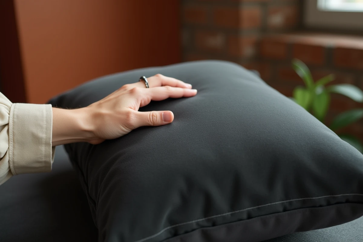 Main testant la fermeté d'un coussin de canapé en velours anthracite dans un appartement de location