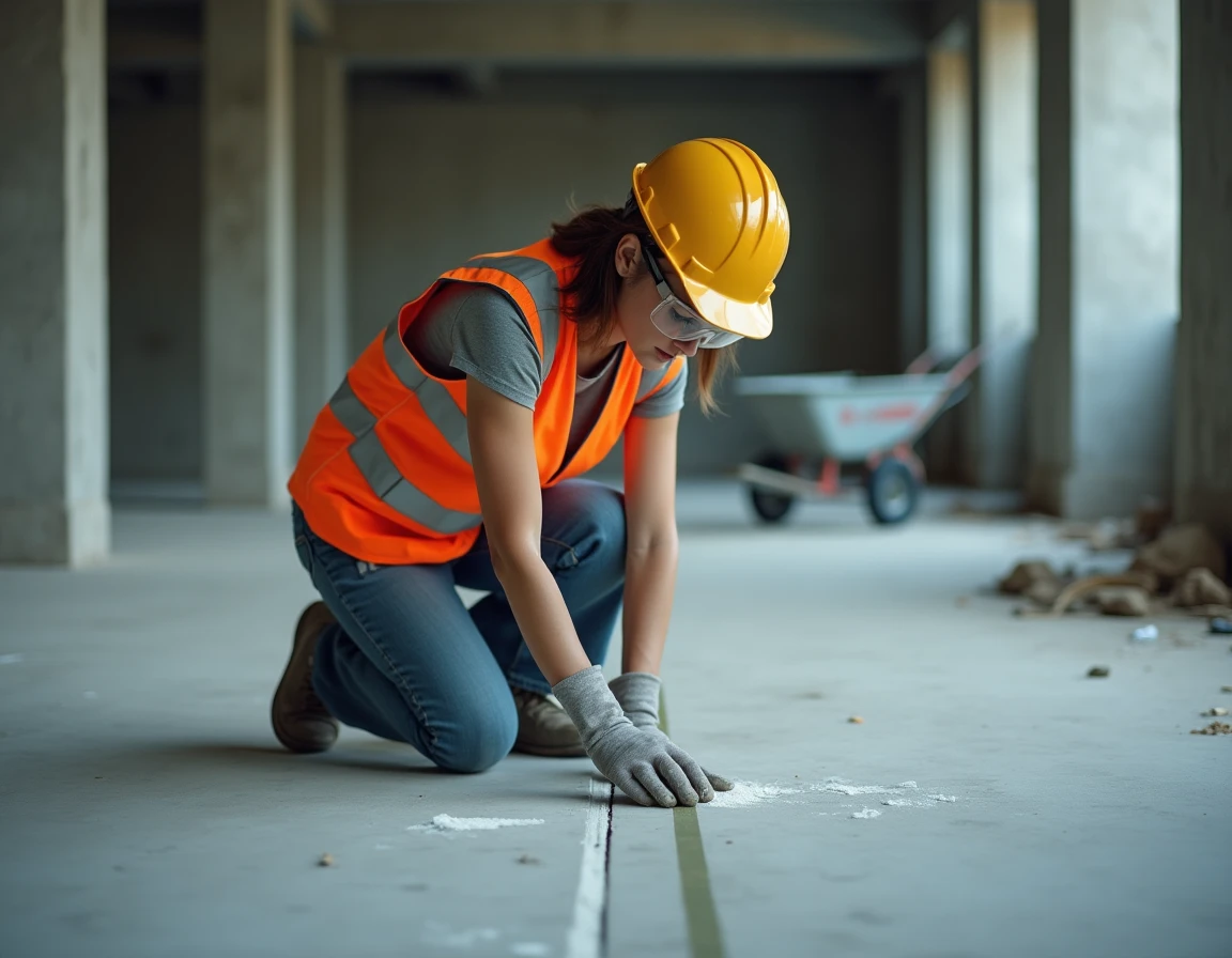 Professionnelle du bâtiment traçant une ligne de coupe droite sur une dalle béton à l'aide d'un cordeau et d'une règle métallique sur un chantier de rénovation