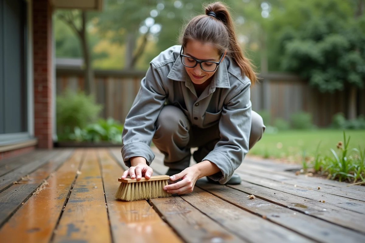 Femme traitant une terrasse en pin vieilli avec de l'acide oxalique pour restaurer sa couleur naturelle