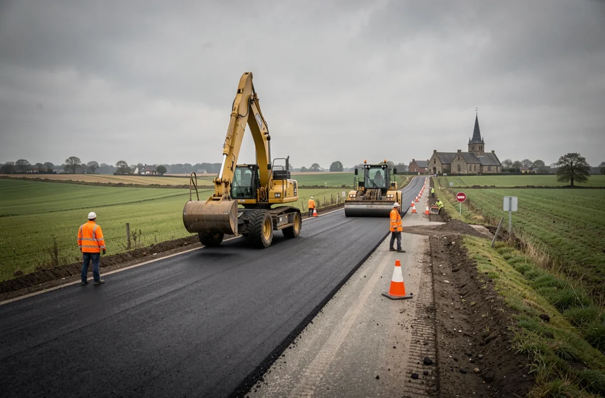 Chantier de travaux publics avec pelleteuse et compacteur sur une route rurale de l'Orne, entreprise Travaux Publics Aiglons