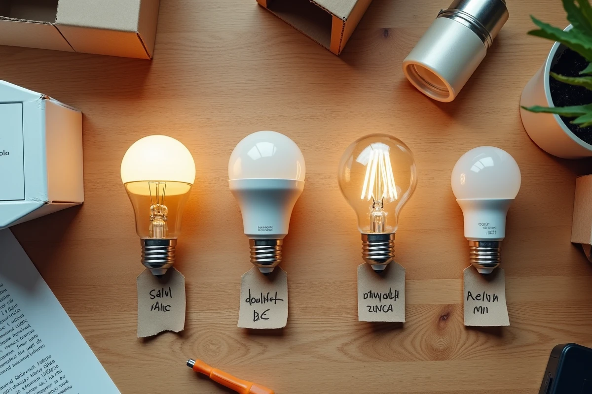 Différents types de petites ampoules à culot comparés en flat-lay sur une surface en bois naturel