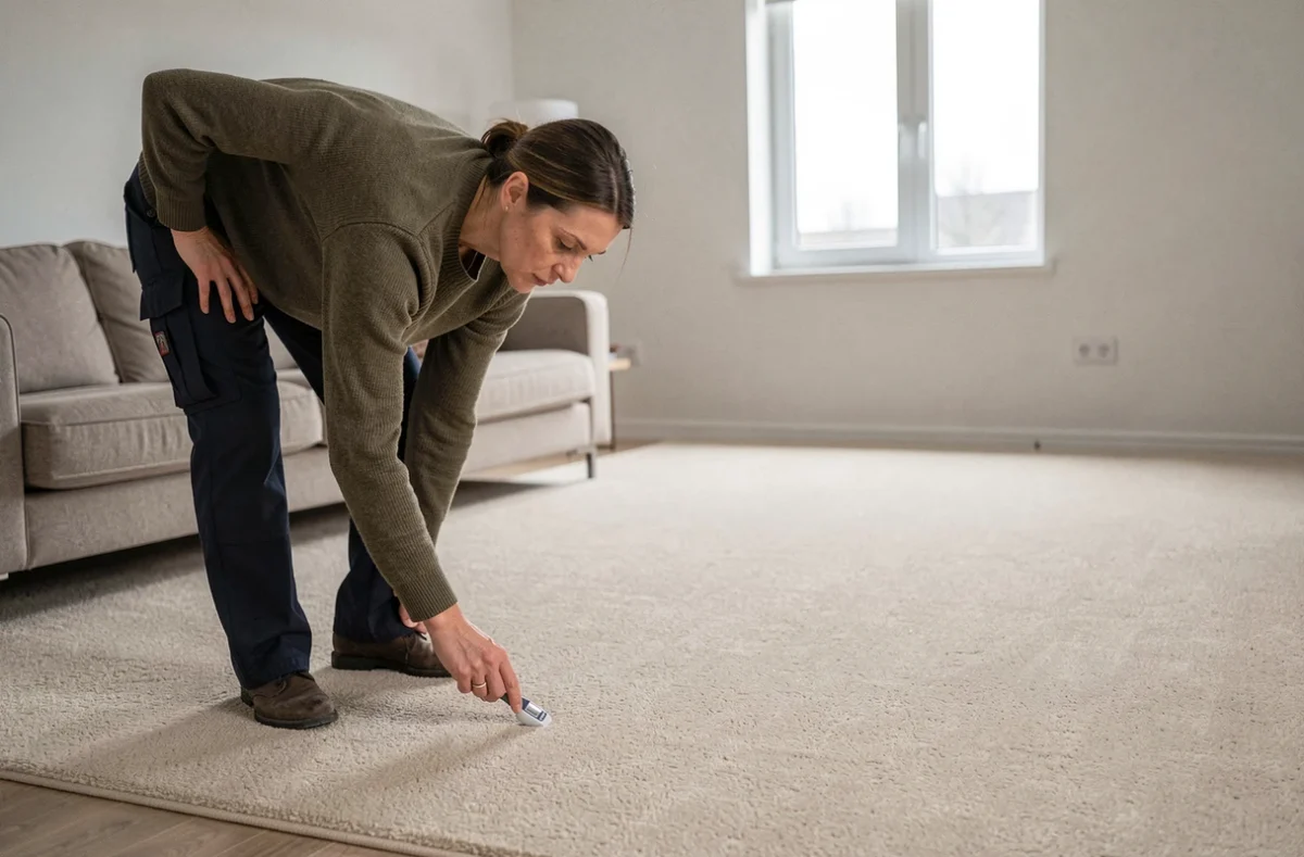 Femme inspectant les performances thermiques d'une moquette isolante posée sur plancher bois dans un salon rénové