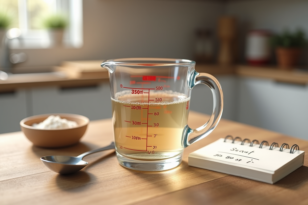 Verre mesure en cuisine avec 350 ml sur plan en bois