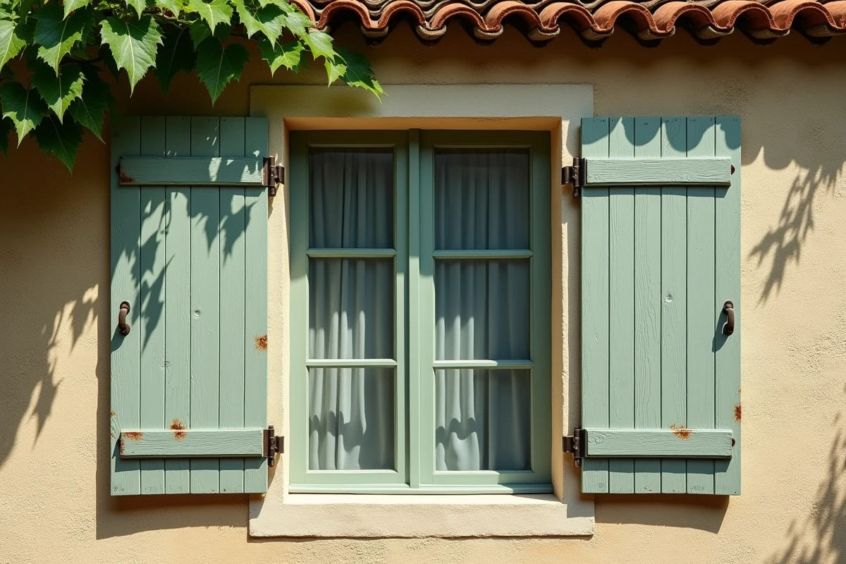 Volets en bois artisanaux peints en vert sauge montés sur la façade d'une maison de campagne française