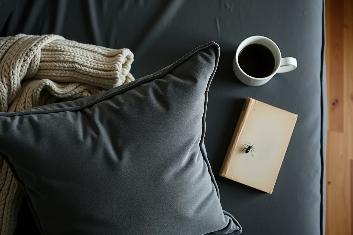 Vue aérienne d'un canapé en velours gris avec de petites bêtes noires visibles sur le tissu, ambiance cosy domestique