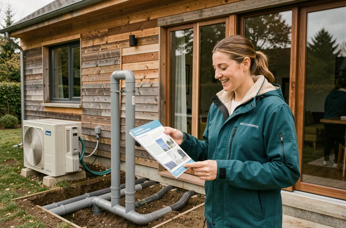 Technicienne en énergies renouvelables présentant un système de pompe à chaleur géothermique couplé à la climatisation