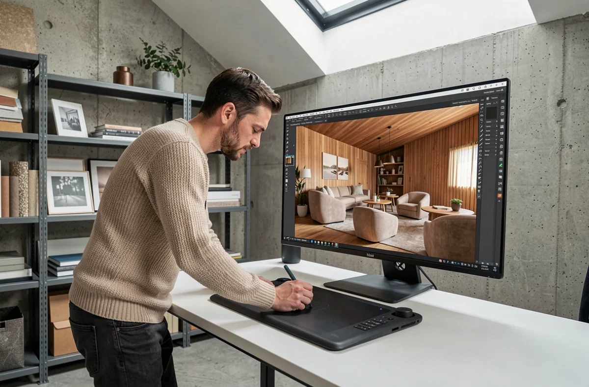 Designer d'intérieur en Haute-Garonne travaillant sur une modélisation 3D dans un atelier au style industriel